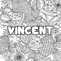Coloring page first name VINCENT - Fruits mandala background