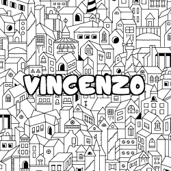 Coloring page first name VINCENZO - City background
