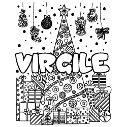 Coloring page first name VIRGILE - Christmas tree and presents background