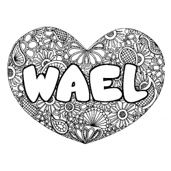 Coloring page first name WAEL - Heart mandala background