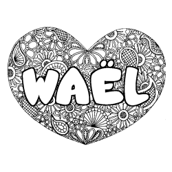 Coloring page first name WAËL - Heart mandala background
