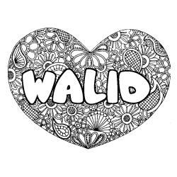 Coloring page first name WALID - Heart mandala background