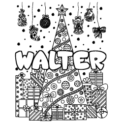 Coloring page first name WALTER - Christmas tree and presents background