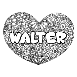 Coloring page first name WALTER - Heart mandala background