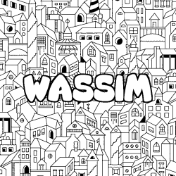 Coloring page first name WASSIM - City background