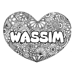 Coloring page first name WASSIM - Heart mandala background