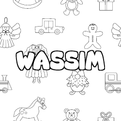 Coloring page first name WASSIM - Toys background