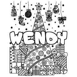 Coloring page first name WENDY - Christmas tree and presents background
