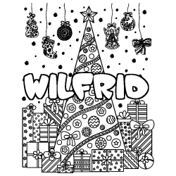 Coloring page first name WILFRID - Christmas tree and presents background
