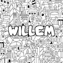 Coloring page first name WILLEM - City background