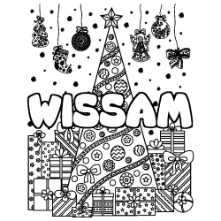 Coloring page first name WISSAM - Christmas tree and presents background