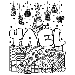 Coloring page first name YAËL - Christmas tree and presents background