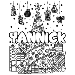 Coloring page first name YANNICK - Christmas tree and presents background