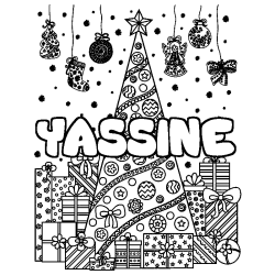 Coloring page first name YASSINE - Christmas tree and presents background