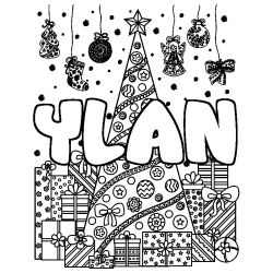 Coloring page first name YLAN - Christmas tree and presents background