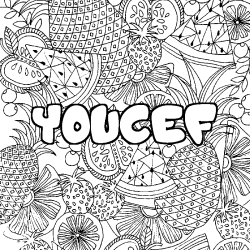 Coloring page first name YOUCEF - Fruits mandala background