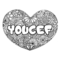 Coloring page first name YOUCEF - Heart mandala background