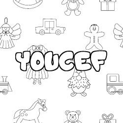 Coloring page first name YOUCEF - Toys background