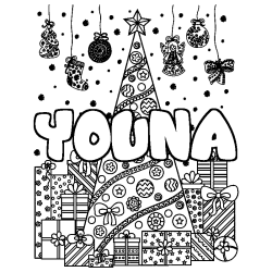 Coloring page first name YOUNA - Christmas tree and presents background