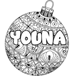 Coloring page first name YOUNA - Christmas tree bulb background