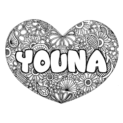 Coloring page first name YOUNA - Heart mandala background