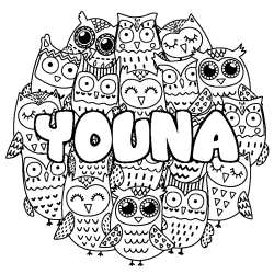 Coloring page first name YOUNA - Owls background