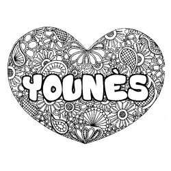 Coloring page first name YOUNÈS - Heart mandala background