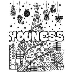 Coloring page first name YOUNESS - Christmas tree and presents background