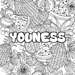 Coloring page first name YOUNESS - Fruits mandala background