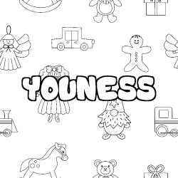 Coloring page first name YOUNESS - Toys background
