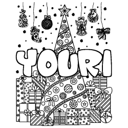 Coloring page first name YOURI - Christmas tree and presents background