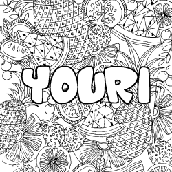 Coloring page first name YOURI - Fruits mandala background