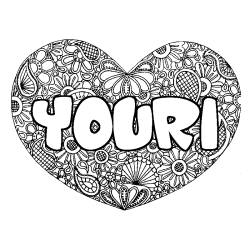 Coloring page first name YOURI - Heart mandala background