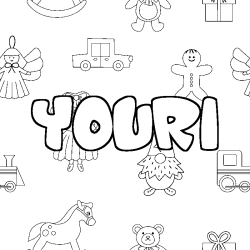 Coloring page first name YOURI - Toys background