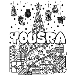 Coloring page first name YOUSRA - Christmas tree and presents background