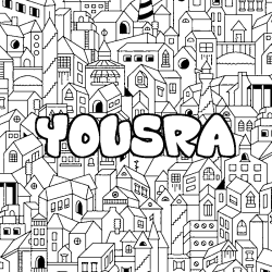 Coloring page first name YOUSRA - City background