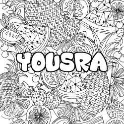 Coloring page first name YOUSRA - Fruits mandala background