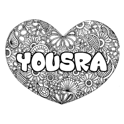 Coloring page first name YOUSRA - Heart mandala background