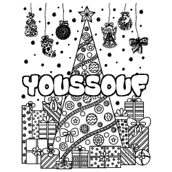 Coloring page first name YOUSSOUF - Christmas tree and presents background