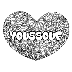 Coloring page first name YOUSSOUF - Heart mandala background