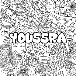 Coloring page first name YOUSSRA - Fruits mandala background