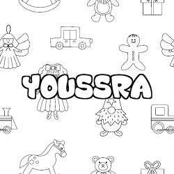 Coloring page first name YOUSSRA - Toys background