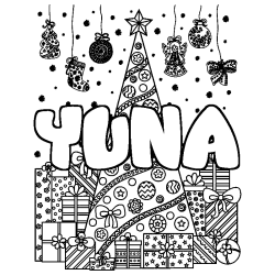 Coloring page first name YUNA - Christmas tree and presents background