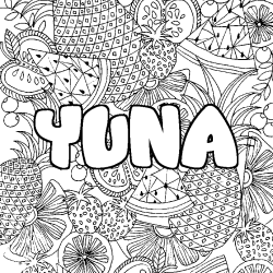 Coloring page first name YUNA - Fruits mandala background