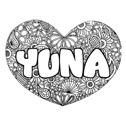 Coloring page first name YUNA - Heart mandala background