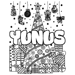 Coloring page first name YUNUS - Christmas tree and presents background