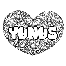 Coloring page first name YUNUS - Heart mandala background