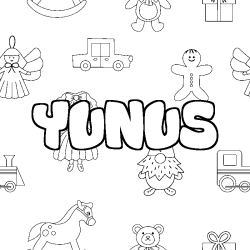 Coloring page first name YUNUS - Toys background
