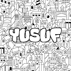 Coloring page first name YUSUF - City background