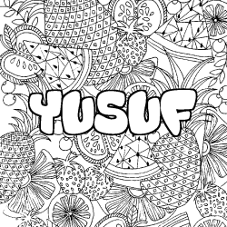 Coloring page first name YUSUF - Fruits mandala background